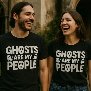 Person wearing the black paranormal shirts graphic tee - "Ghosts Are My People" design