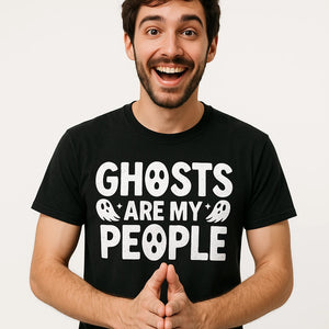 Close-up of the "Ghosts Are My People" white print on a premium Bella+Canvas black paranormal shirts