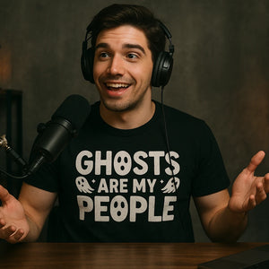 Lifestyle shot of the "Ghosts Are My People" black paranormal shirts in a real-world setting