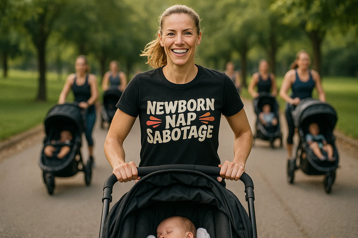 Lifestyle shot of the "Newborn Nap Sabotage" black shirts for expecting parents in a real-world setting