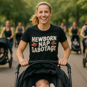 Lifestyle shot of the "Newborn Nap Sabotage" black shirts for expecting parents in a real-world setting