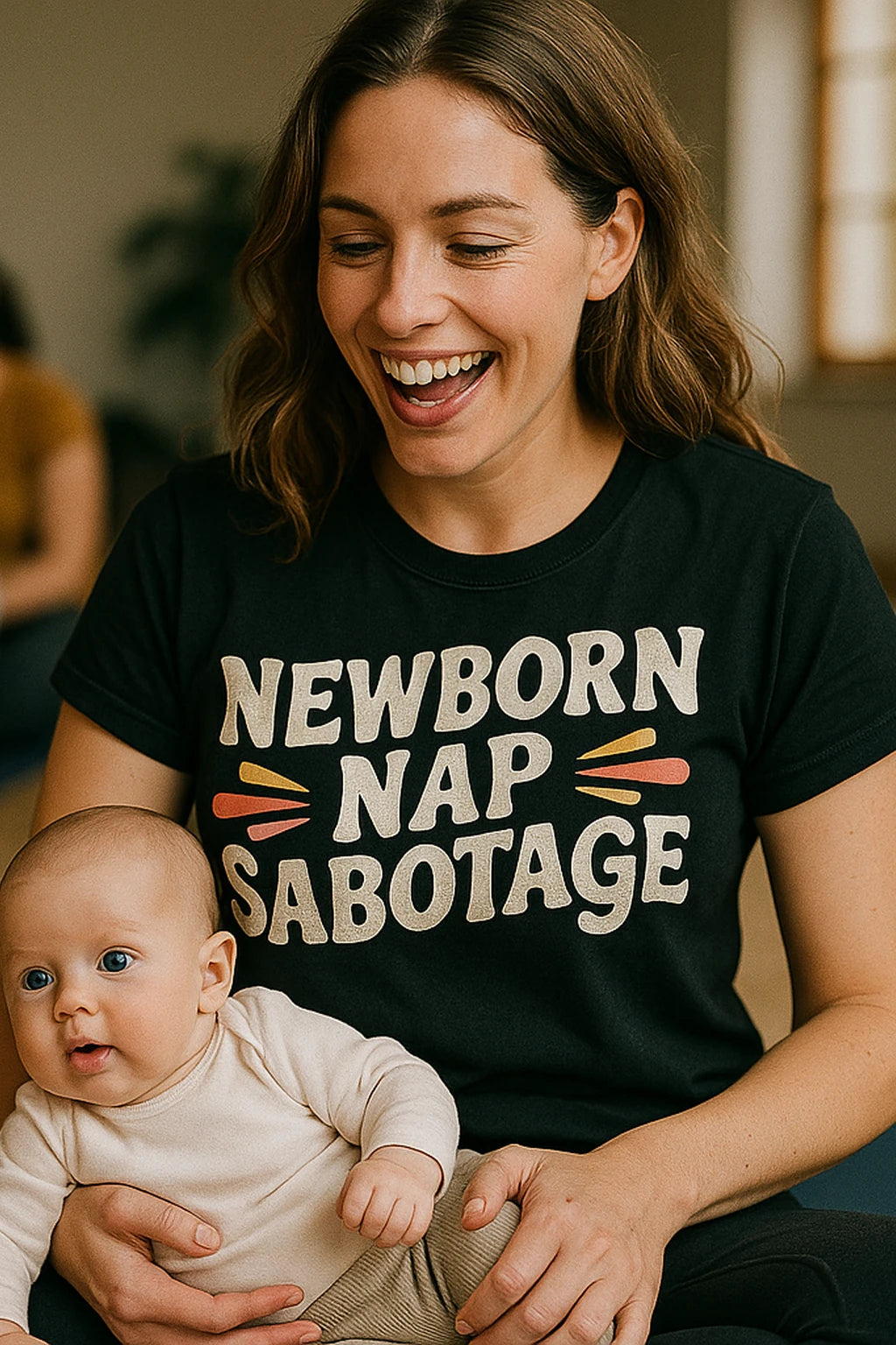 "Newborn Nap Sabotage" black shirts for expecting parents, photographed as new parents lover gift