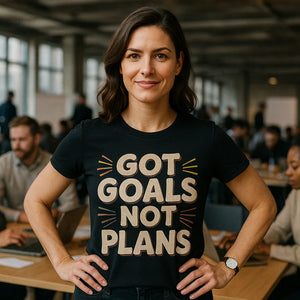 Lifestyle shot of the "Got Goals Not Plans" black entrepreneurs t shirt in a real-world setting