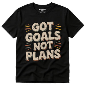Black Entrepreneurs T Shirt - "Got Goals Not Plans" graphic tee with tan print, flat lay product photo
