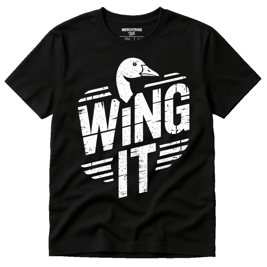 Black Geese T Shirt - "Wing It" graphic tee with white print, flat lay product photo