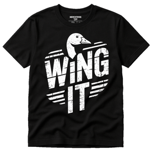 Black Geese T Shirt - "Wing It" graphic tee with white print, flat lay product photo