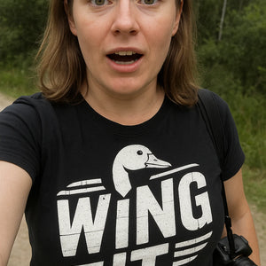 "Wing It" black geese t shirt, photographed as geese lover gift