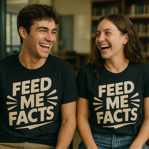 Person wearing the black studying t shirt graphic tee - "Feed Me Facts" design