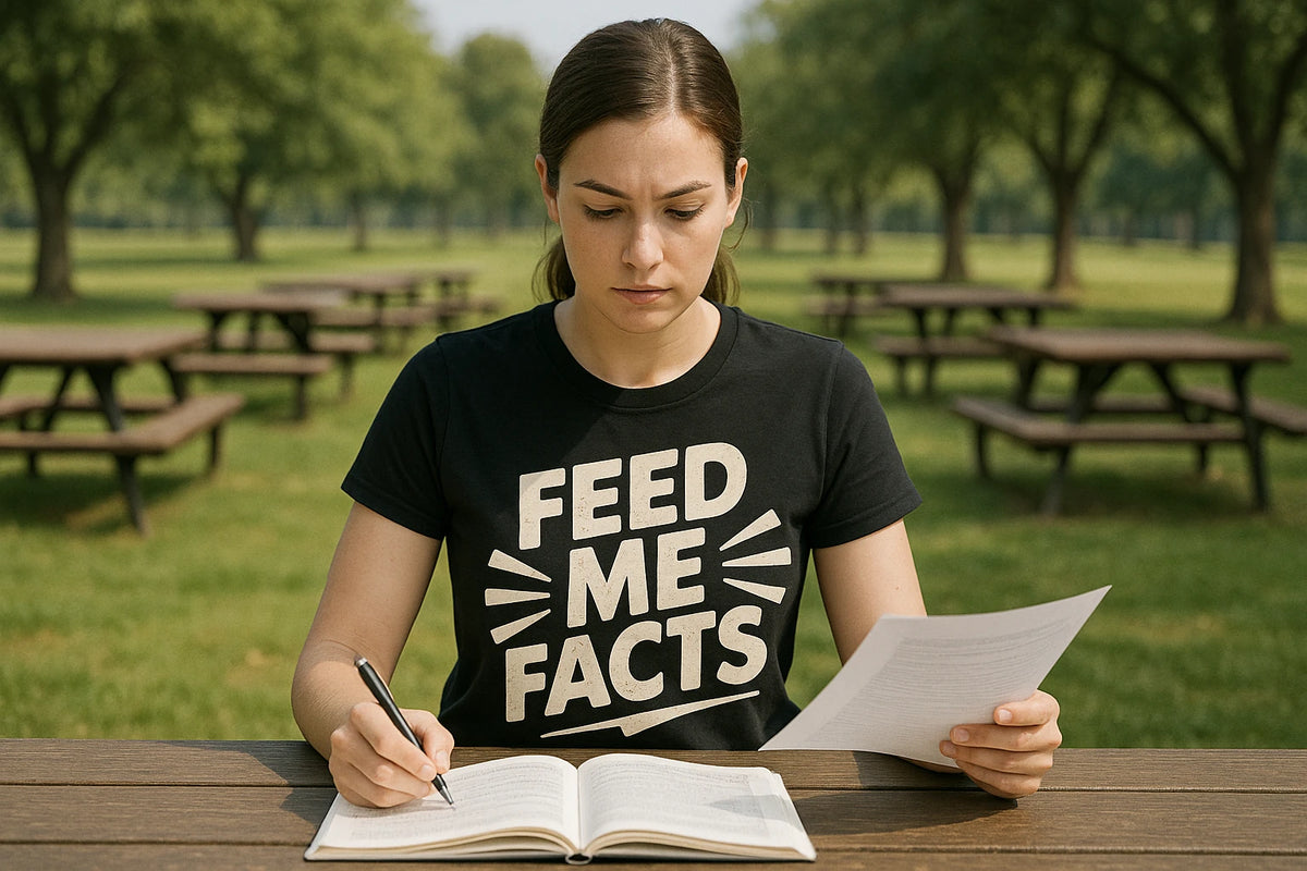 Lifestyle shot of the "Feed Me Facts" black studying t shirt in a real-world setting