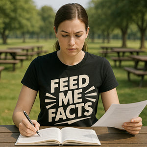 Lifestyle shot of the "Feed Me Facts" black studying t shirt in a real-world setting