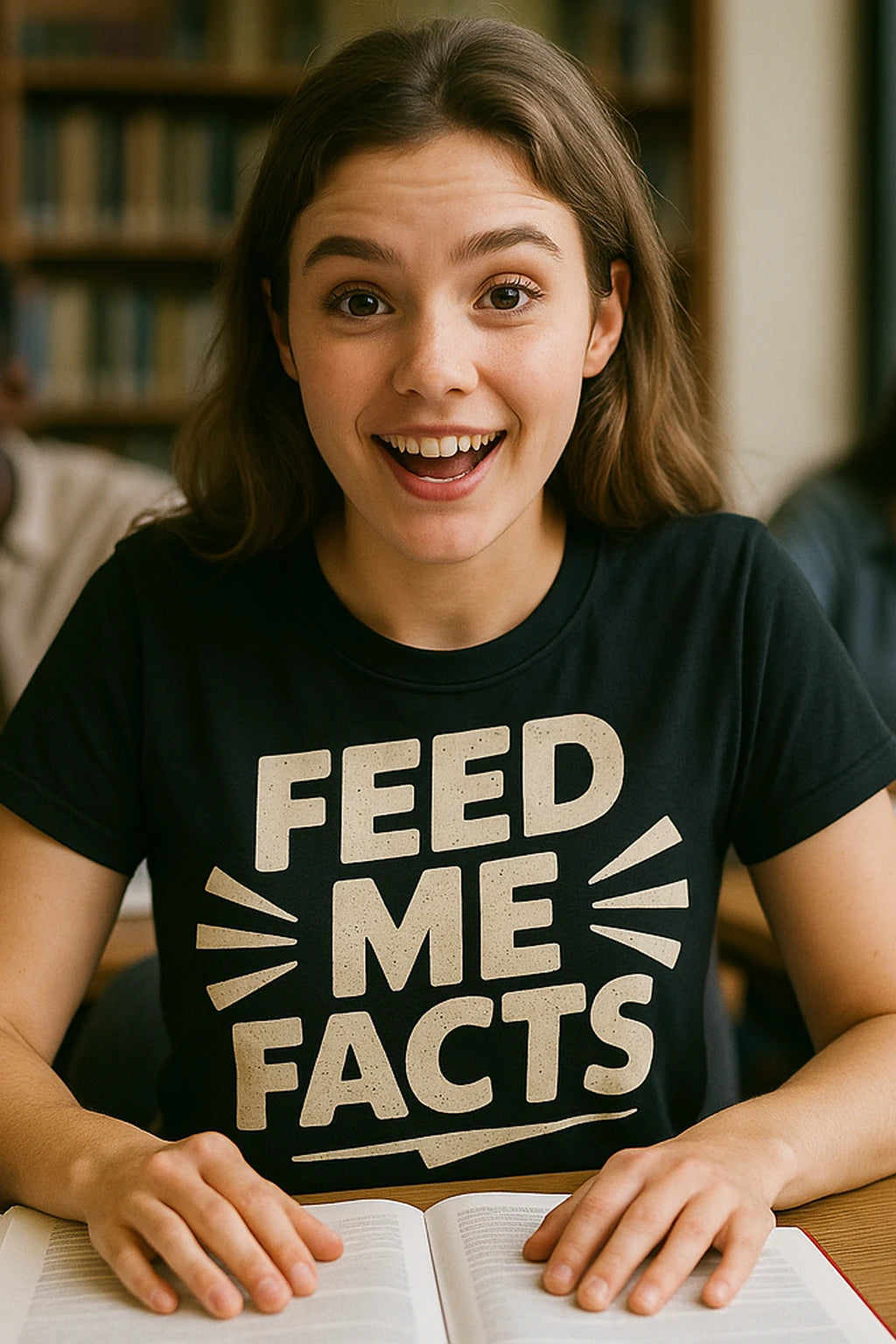 "Feed Me Facts" black studying t shirt, photographed as studying lover gift