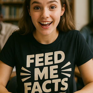 "Feed Me Facts" black studying t shirt, photographed as studying lover gift