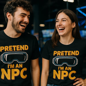 Person wearing the black virtual reality t shirt graphic tee - "Pretend Im an Npc" design