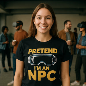 Lifestyle shot of the "Pretend Im an Npc" black virtual reality t shirt in a real-world setting