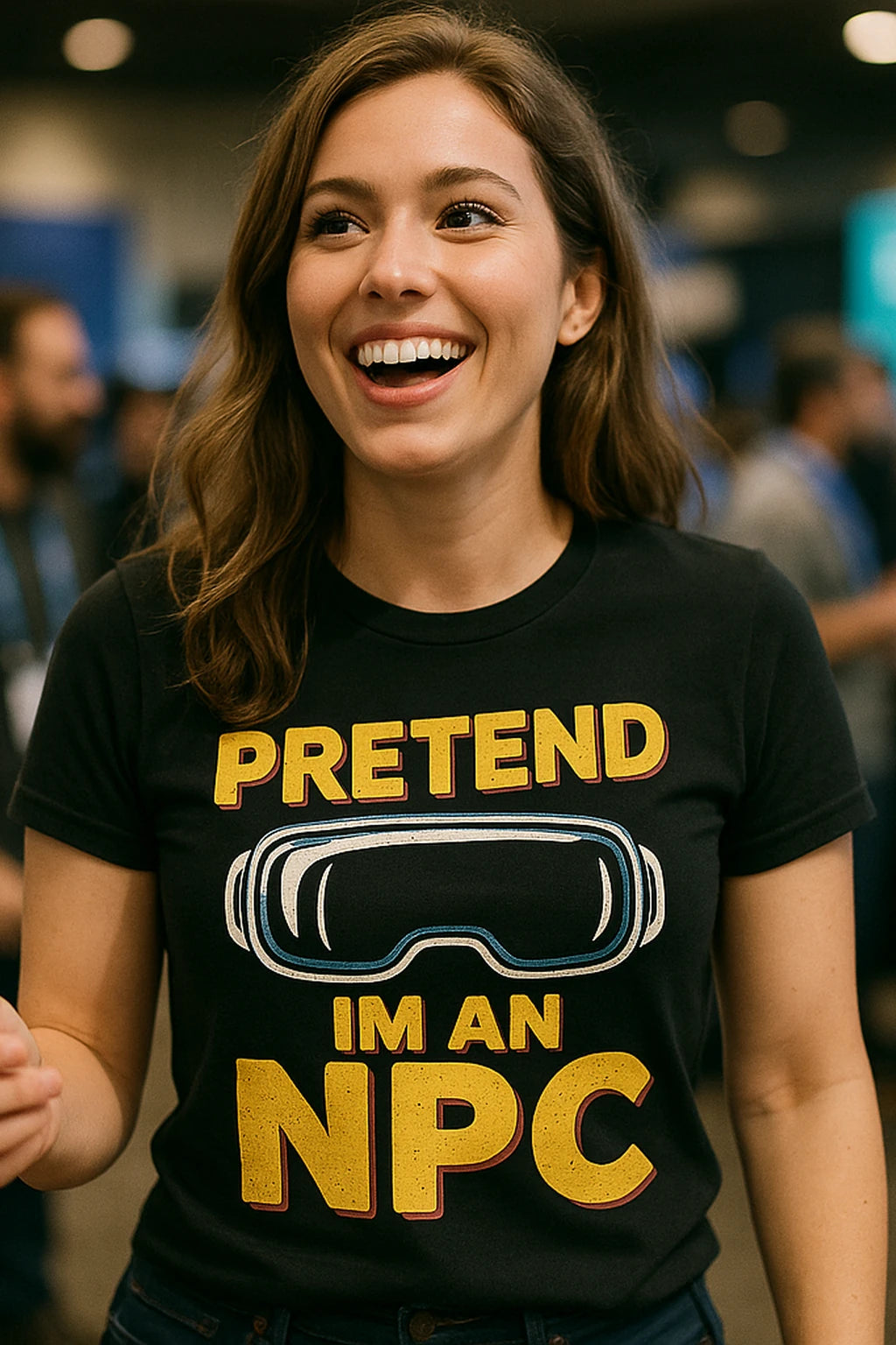"Pretend Im an Npc" black virtual reality t shirt, photographed as virtual reality lover gift