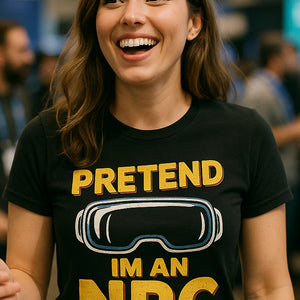 "Pretend Im an Npc" black virtual reality t shirt, photographed as virtual reality lover gift