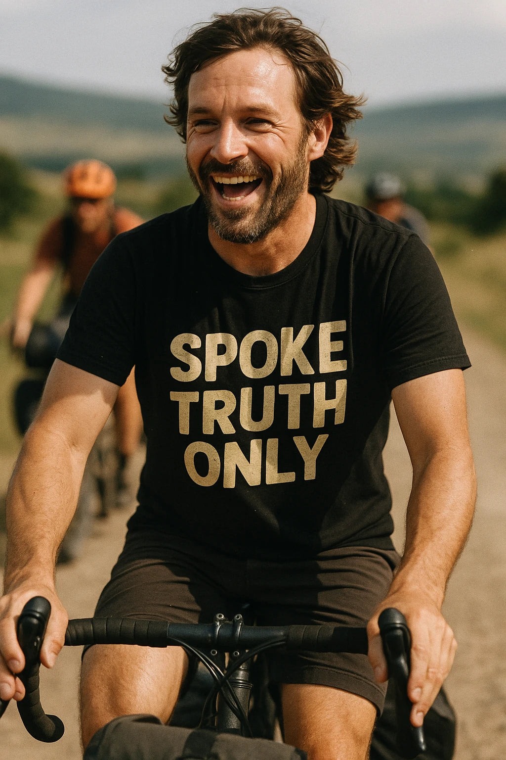 "Spoke Truth Only" black bicycle shirts, photographed as gift ideas for bicycle riders