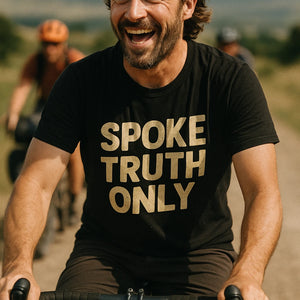 "Spoke Truth Only" black bicycle shirts, photographed as gift ideas for bicycle riders