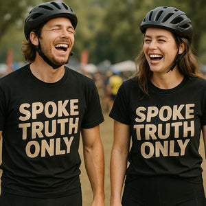 Person wearing the black bicycle shirts graphic tee - "Spoke Truth Only" design