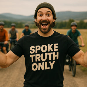 Lifestyle shot of the "Spoke Truth Only" black bicycle shirts in a real-world setting