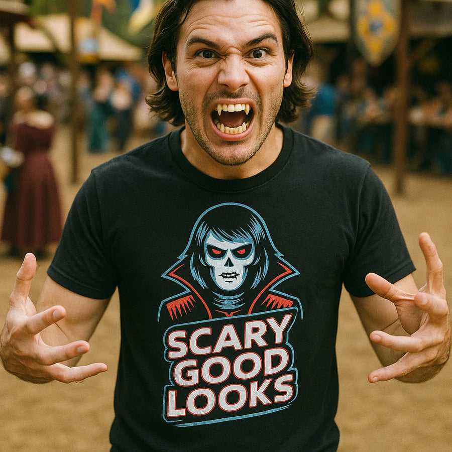 A person with long hair is making a playful, intense expression, showing prominent canine teeth resembling vampire fangs. They are wearing a black T-shirt featuring an illustration of a vampire-like figure and the text "SCARY GOOD LOOKS." The background appears to be an outdoor setting with people in the distance, possibly at a festival or fair.