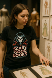 A person with shoulder-length brown hair is wearing a black t-shirt featuring a graphic of a skull with long hair and the text 