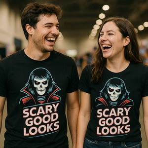 Person wearing the black t shirt halloween costumes graphic tee - "Scary Good Looks" design