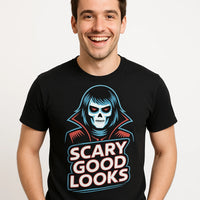 A person is smiling and wearing a black T-shirt with a graphic of a stylized, skeletal figure and the text 