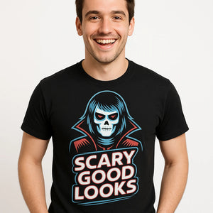 Close-up of the "Scary Good Looks" gray print on a premium Bella+Canvas black t shirt halloween costumes