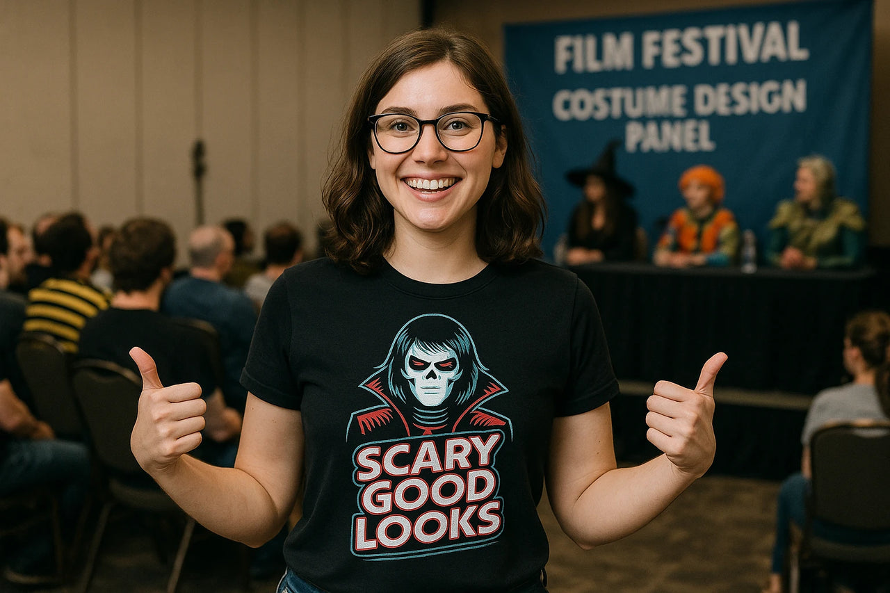A smiling person with shoulder-length brown hair and glasses is wearing a black T-shirt featuring a graphic of a sinister face and the words "Scary Good Looks." They are giving a thumbs-up with both hands. In the background, there is a panel with people seated, and a banner reading "Film Festival Costume Design Panel."