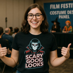 Lifestyle shot of the "Scary Good Looks" black t shirt halloween costumes in a real-world setting