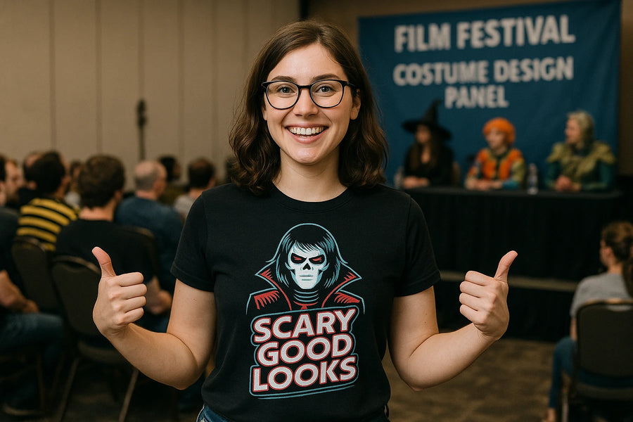 A smiling person with shoulder-length brown hair and glasses is wearing a black T-shirt featuring a graphic of a sinister face and the words "Scary Good Looks." They are giving a thumbs-up with both hands. In the background, there is a panel with people seated, and a banner reading "Film Festival Costume Design Panel."