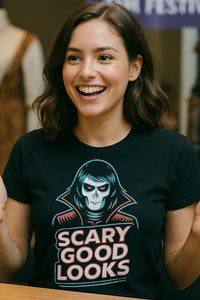 A person with shoulder-length brown hair and a cheerful expression is wearing a black t-shirt featuring a graphic of a skeletal face with a hood and the text 