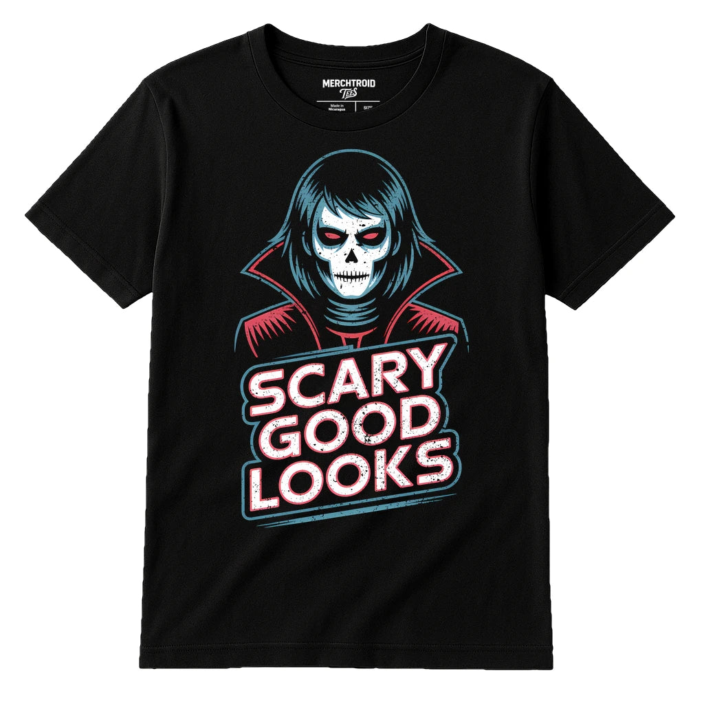 A black t-shirt featuring a graphic design of a stylized figure with pale skin and dark eyes, resembling a skull-faced vampire. The figure is wearing a high-collared red cloak. Below the figure, the text reads "SCARY GOOD LOOKS" in bold, distressed white and red letters. The tag at the neckline displays the brand "MERCHTROID".