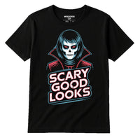 A black t-shirt featuring a graphic design of a stylized figure with pale skin and dark eyes, resembling a skull-faced vampire. The figure is wearing a high-collared red cloak. Below the figure, the text reads 