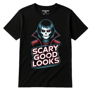 Black T Shirt Halloween Costumes - "Scary Good Looks" graphic tee with gray print, flat lay product photo