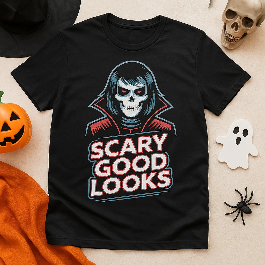 A black t-shirt featuring an illustration of a person with a skull-like face and vampire-style collar, along with the text "SCARY GOOD LOOKS" in bold, red and white lettering. The background includes Halloween-themed decorations: a witch hat, a carved pumpkin, a skull, a ghost, and a plastic spider on a light surface with an orange cloth.