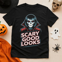 A black t-shirt featuring an illustration of a person with a skull-like face and vampire-style collar, along with the text 