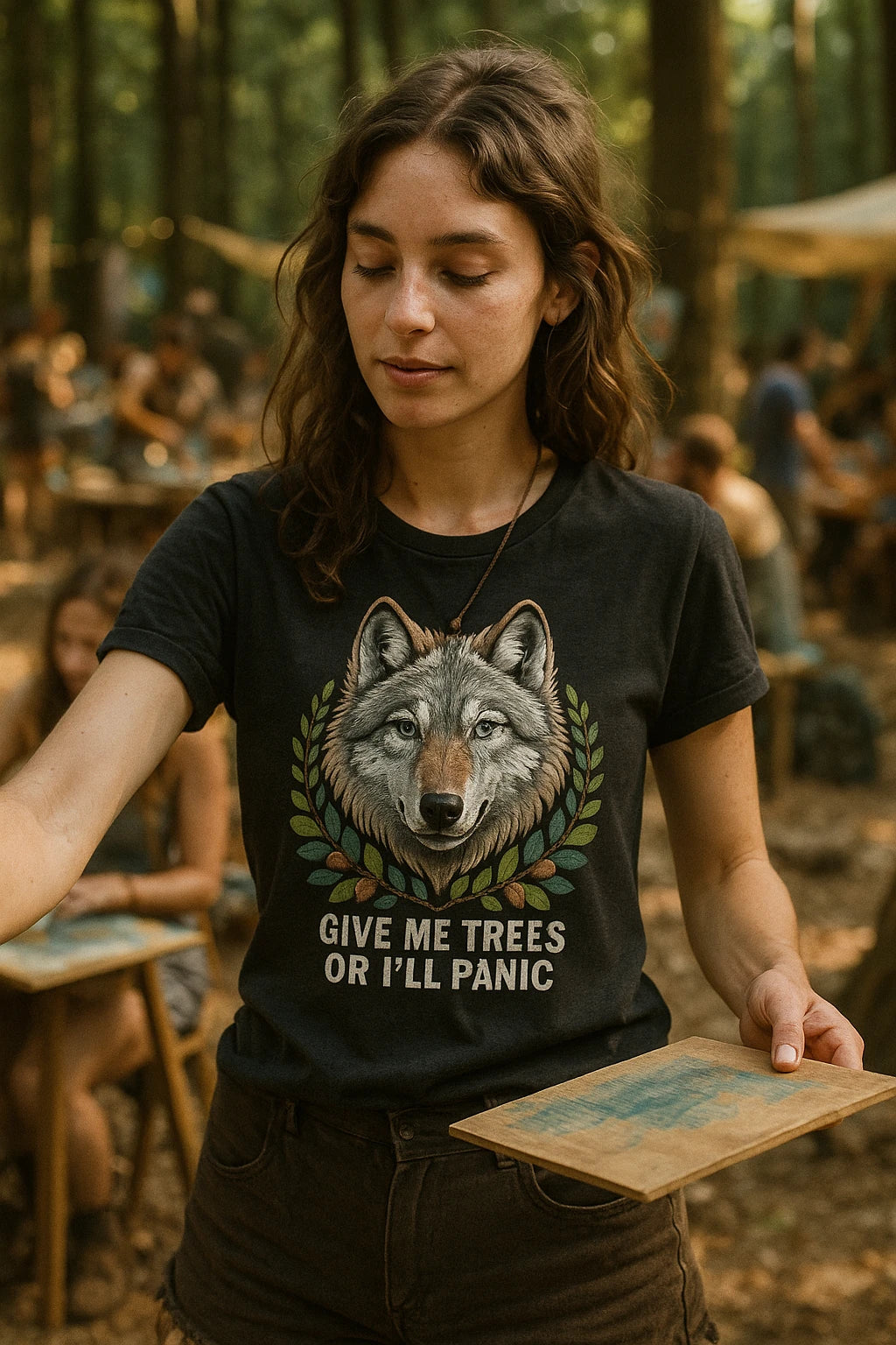 "Give Me Trees Or I'Ll Panic" black forest green t shirt - also a forest green rovers shirt for sale