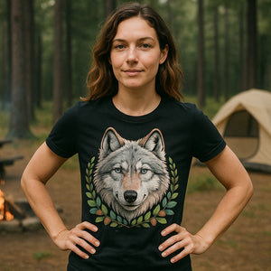 Lifestyle shot of the "Give Me Trees Or I'Ll Panic" black forest green t shirt in a real-world setting