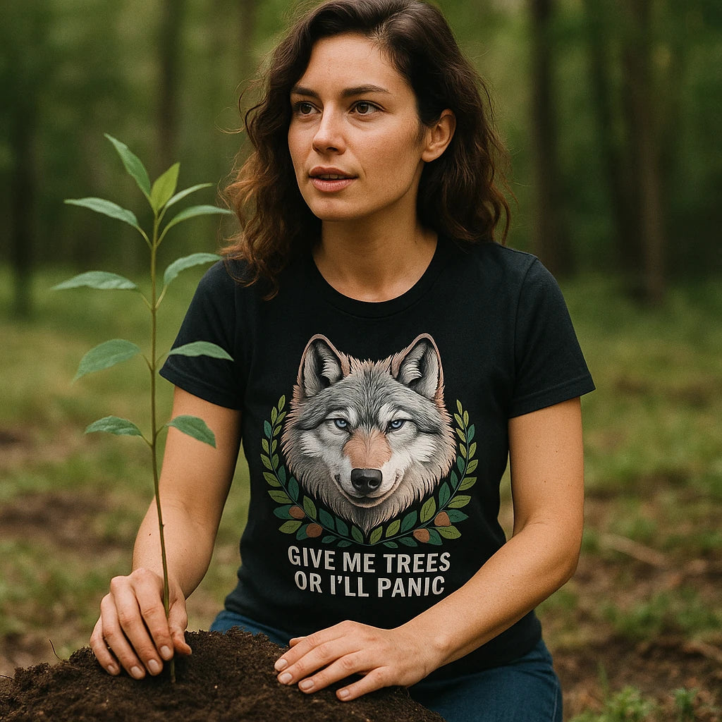 "Give Me Trees Or I'Ll Panic" black forest green t shirt, photographed as gifts for forest lovers