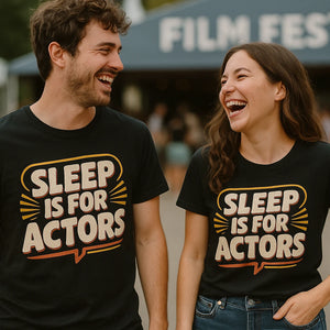 Person wearing the black film director t shirt graphic tee - "Sleep Is for Actors" design