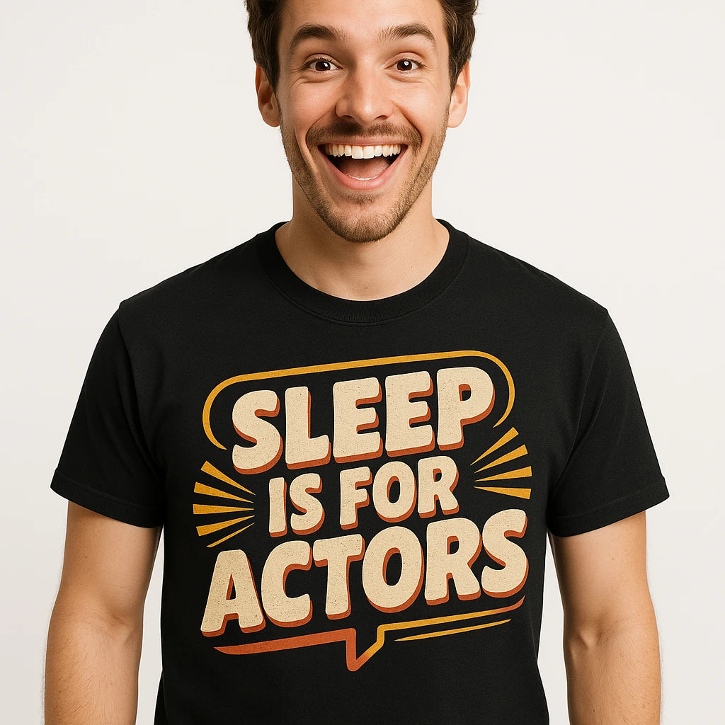 Close-up of the "Sleep Is for Actors" beige print on a premium Bella+Canvas black film director t shirt