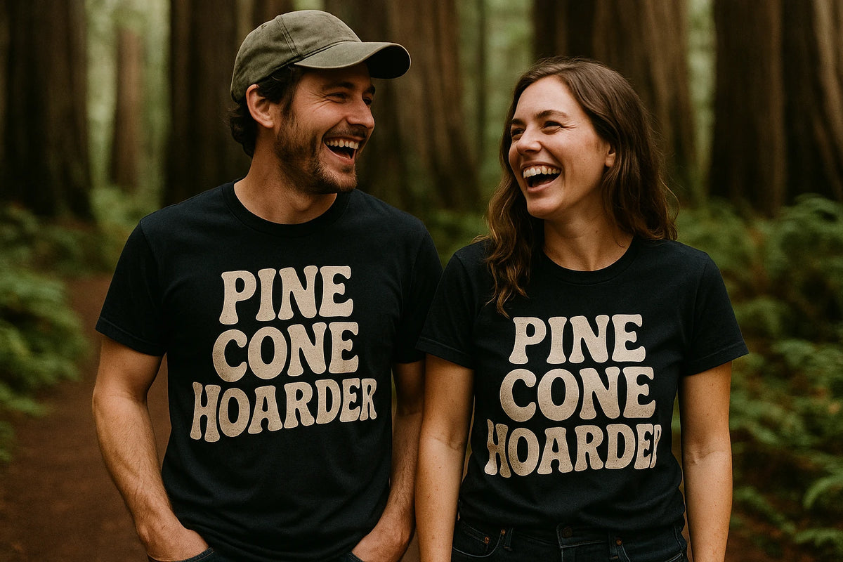Person wearing the black nature walk shirts graphic tee - "Pine Cone Hoarder" design