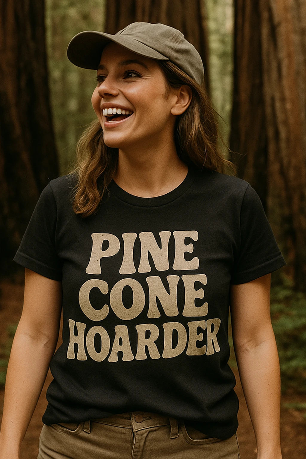 "Pine Cone Hoarder" black nature walk shirts, photographed as nature walk lover gift