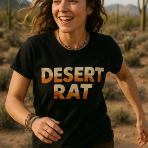 "Desert Rat" black desert camo t shirt, photographed as gifts for desert lovers