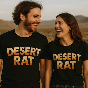 Person wearing the black desert camo t shirt graphic tee - "Desert Rat" design