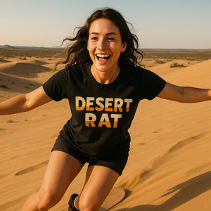 Lifestyle shot of the "Desert Rat" black desert camo t shirt in a real-world setting