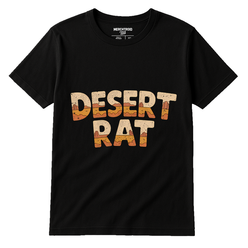 Black Desert Camo T Shirt - "Desert Rat" graphic tee with tan print, flat lay product photo