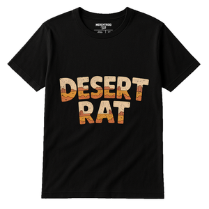 Black Desert Camo T Shirt - "Desert Rat" graphic tee with tan print, flat lay product photo